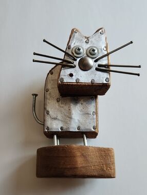 Steampunk Handcrafted Wooden & Metal Cat Figurine - Silver and Brown